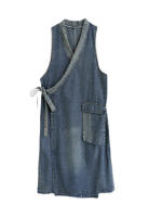 Vestidos de mujer de lujo con diseño de cinturón denim sin mangas para el verano 2023 estilo clásico de gran tamaño lavado a mano algodón forro chino - details 7