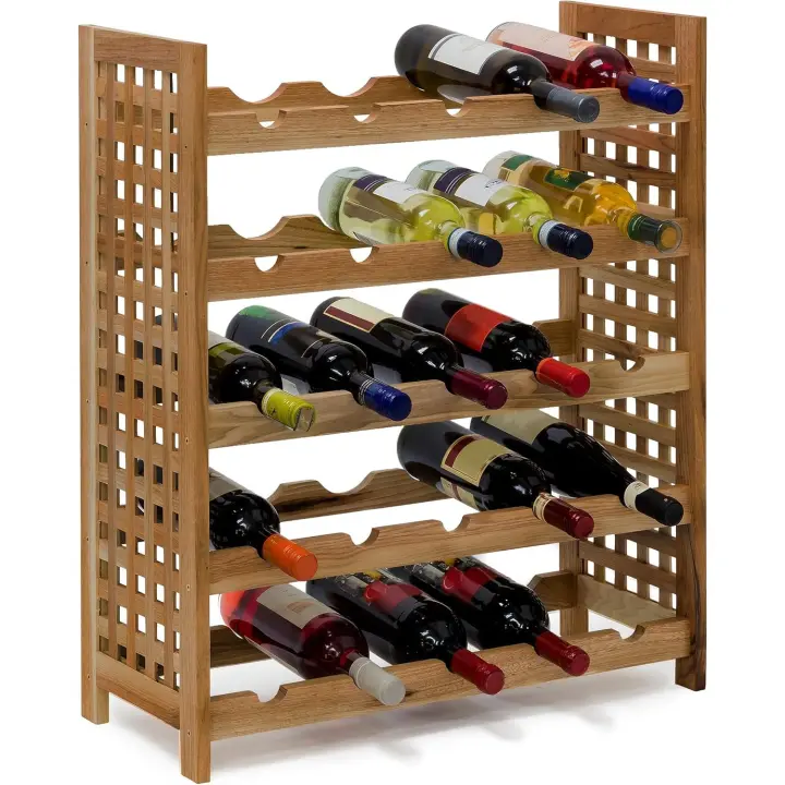 Relaxdays - Botellero Nogal para 25 Botellas hxbxt: 73 x 63 x 25 cm Botella Madera apilables (Madera de Nogal barnizada con 5 estantes Cada uno para 5 Botellas Botellero Estantería para apilar, Natural - 1
