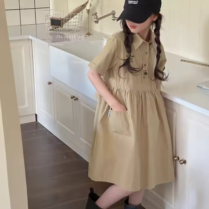 Vestido Polo para Niña en Verano Manga Corta, Bolsillo Grande, Moda Infantil Casual - 1