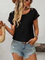 Camiseta de manga corta con botones y cuello redondo para mujer, Top hueco, Color sólido, novedad de primavera y verano 2025 - details 18