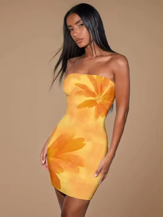 Vestido Corto de Primavera para Mujeres Ouwu Estampado de Pecho, Convoltório con Cintura, Envoltura de Cadera - 1