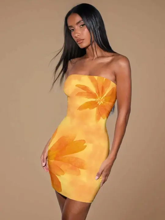 Vestido Corto de Primavera para Mujeres Ouwu Estampado de Pecho, Convoltório con Cintura, Envoltura de Cadera - 1