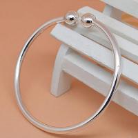 Pulsera de mano abierta de acero inoxidable para mujer, brazalete sencillo de cuentas, plateado, - details 0
