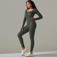 Ropa de una pieza con rosca, mono de Yoga sin costuras, Control de barriga, ropa de ejercicio de manga larga, elástico - details 3