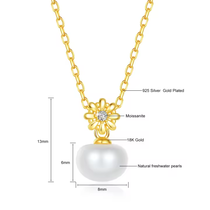 Collar de Perlas de Oro 18K Naturales Certificado VVS1 Diamante de Moissanita Longitud de 45cm - 1