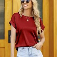 Blusas de satén de estilo veraniego para mujer, camisas informales con manga de ala de murciélago y cuello redondo, Blusas holgadas de Color sólido - details 5
