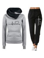 Conjunto De Ropa De Mujer Con Capucha Doble Y Estampado De Corazón 2 Piezas Camiseta De Manga Larga Y Pantalones Casuales Para Otoño E Invierno - details 3