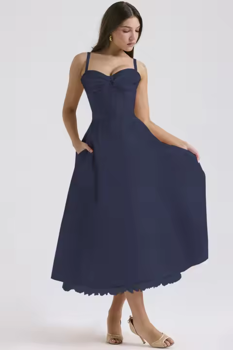 Vestido midi de satén con exquisita correa para mujer, frente abierto, ahuecado, bolsillo - 1