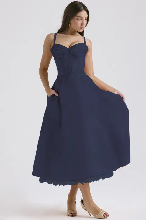 Vestido midi de satén con exquisita correa para mujer, frente abierto, ahuecado, bolsillo - 1