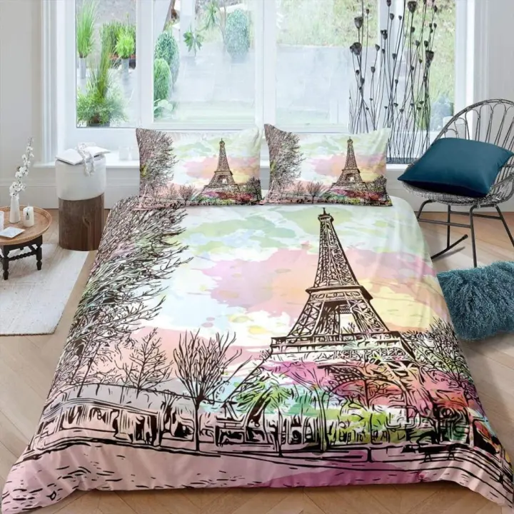 Cubierta de Edredón de Torre Eiffel Cubierta de Cama de París con Rosa - 1