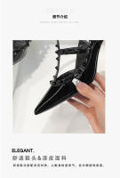 Tacones Altos con Tachuelas Verano 2025 Willow Tacón Fino Sandalias de Punta Negra con Tira de Dos Anillos de Cuero Charol Versátiles Zapatos Individuales. - details 5