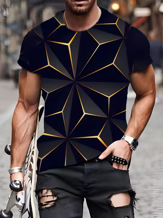 Camiseta informal de manga corta con estampado geométrico para hombre, talla grande, hecha de 100% poliéster, tejido ligero para comodidad durante todo el día. Se puede utilizar como pijama adecuado para todas las estaciones. Top de manga corta adecuado p - 1
