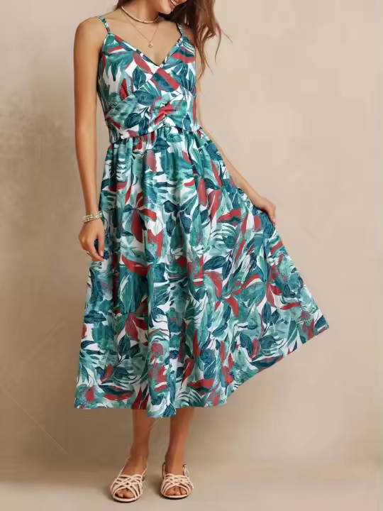 2025 verano nuevo vestido estampado tropical para mujer, vestido de playa con cuello en V y viento de vacaciones, mangas cortas delgadas y ajustadas - 1