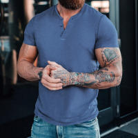 Camiseta de manga corta Henley para hombre, ropa informal de algodón, color blanco, azul vaquero, M-6XL, paquete de 2 - details 5