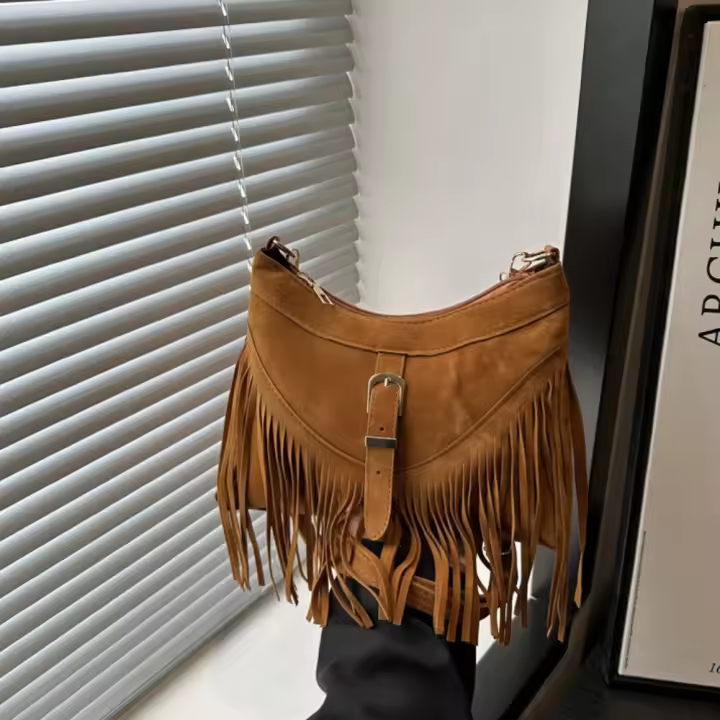Bolso de hombro con borlas de estilo coreano a la moda, bolso de gamuza de Color sólido con hebilla, bolsos de viaje de cuero PU de estilo étnico - 1