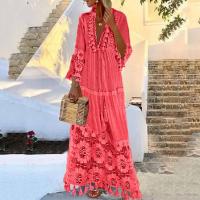 Vestido largo bohemio con cuello en V y borlas para mujer, informal, de talla grande, a la moda, liso, bohemio, para vacaciones - details 3