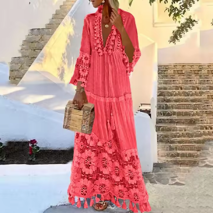 Vestido largo bohemio con cuello en V y borlas para mujer, informal, de talla grande, a la moda, liso, bohemio, para vacaciones - 1