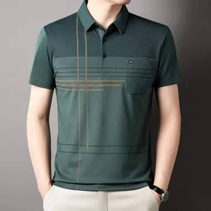 Camiseta corta con solapa de seda helada para hombres de mediana edad y mayores, top de media manga - 1