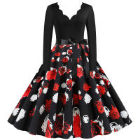 Women plaid print long sleeve vintage a line party dress v neck - details 165