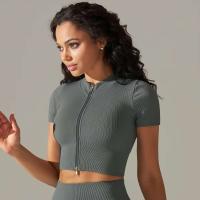 Hamidou-Camiseta deportiva con cremallera para mujer, Top elástico ajustado y transpirable, ropa deportiva para gimnasio, correr y Yoga - details 38