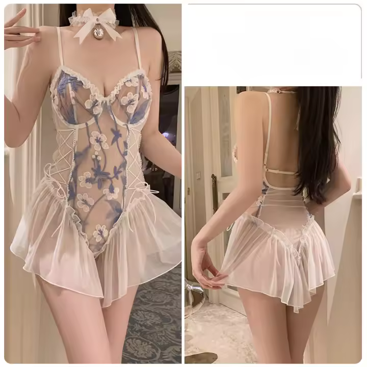 Ropa interior sexual empalme de malla de encaje anillo de acero reunión tentación de pecho bajo puro deseo correa conjunto de camisón - 1