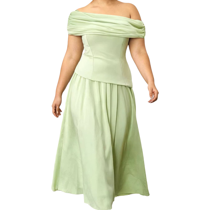 Fresh Avocado Green Two-Piece Gown Set, Off-Shoulder Ruched Top, Chiffon Flared Midi Skirt, Wedding Bridesmaid Formal Party Dress