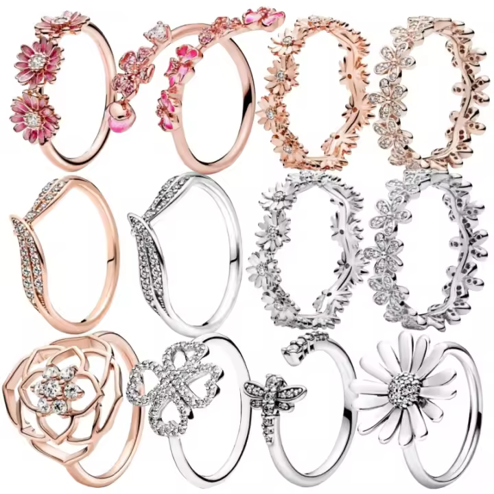 Caliente 100% libélula Margarita hoja Rosa moda circón ajuste Pandora anillo femenino encanto joyería regalo - 1