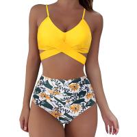 Traje de baño dividido de cintura alta para mujer, bikini multicolor con estampado de cuello halter cruzado - details 14