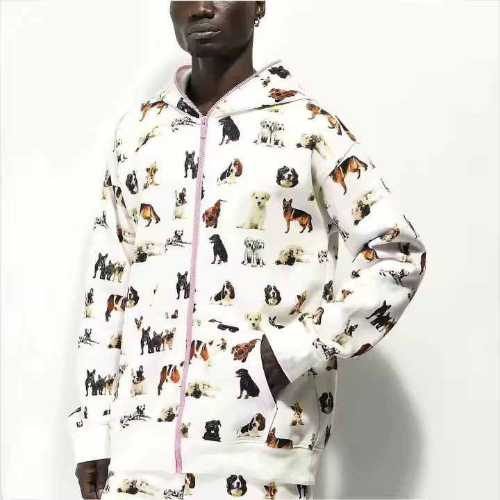 Sudadera Decheng de alta calidad con estampado de hojaldre en polvo para hombre con diseño animal, corte suave y ajustado, cremallera completa, cuello con capucha, - 1