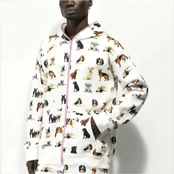 Sudadera Decheng de alta calidad con estampado de hojaldre en polvo para hombre con diseño animal, corte suave y ajustado, cremallera completa, cuello con capucha, - 1