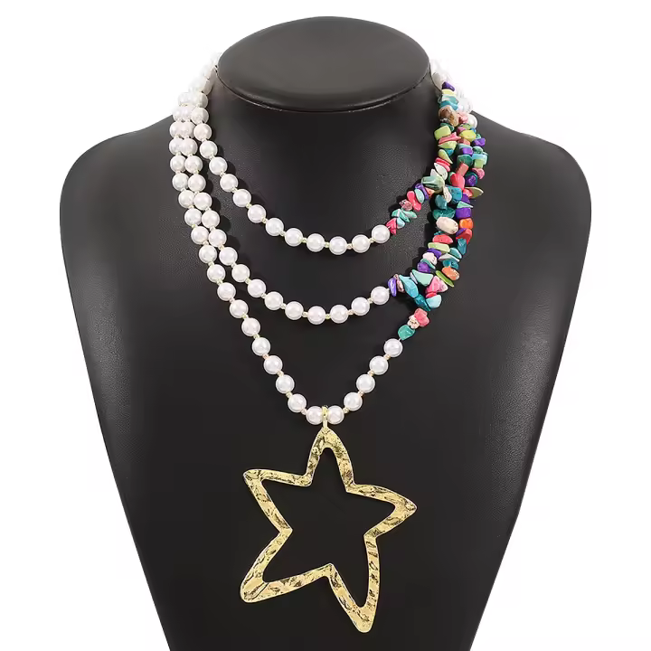 Collar exagerado con cuentas de imitación de perlas, cadena de cuello turquesa, collar de estrella simple multicapa - 1