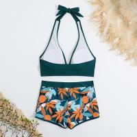 Bikini abierto con estampado de hojas retro en talla grande, conjunto de traje de baño de dos piezas con correas estables para mujer - details 22