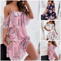 Vestido corto con volantes y tirantes finos para mujer, minivestido de manga corta con hombros descubiertos para playa - details 1