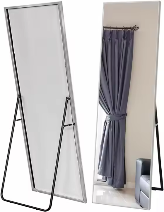Espejo de Pie Cuerpo Entero - Espejo Grande y Largo Esquinas Cuadradas - con Soporte Trasero - Montaje en Pared y Apoyado - Marco de Metal para Dormitorio, Baño o Salón (Plateado 140x40) - 1