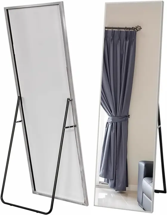 Espejo de Pie Cuerpo Entero - Espejo Grande y Largo Esquinas Cuadradas - con Soporte Trasero - Montaje en Pared y Apoyado - Marco de Metal para Dormitorio, Baño o Salón (Plateado 140x40) - 1