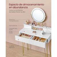Tocador con Taburete e Iluminación, Regleta de Enchufes, Espejo Giratorio, Tocador, 40 x 100 x 134,8 cm, Tocador con Cajones, Taburete Tapizado, Blanco Mate y Dorado Pálido RVT619W01 - details 6