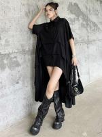 EAM mujeres negro capas espalda talla grande vestido camisero largo solapa nueva manga corta moda Primavera Verano 2025 1DH6073 - details 4