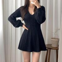 Falda corta de punto para mujer, ropa elegante de manga larga con cuello puntiagudo, usada, negra, invierno - details 29