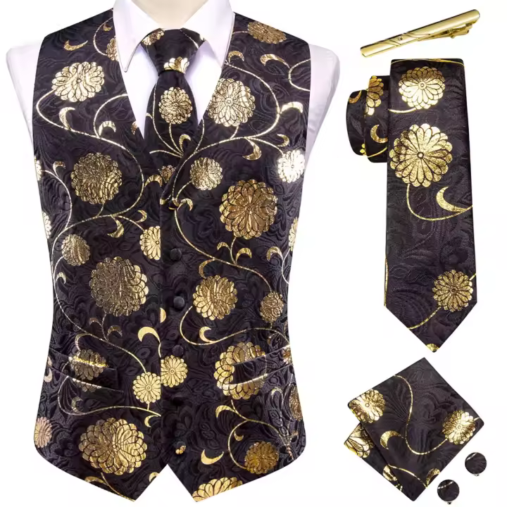 Chaleco de seda sólida para hombre, corbata de color champán, rosa, azul, verde, morado y rojo, gemelos de pañuelo, clips formales para boda y negocios - 1