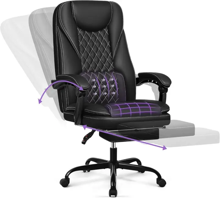 Oficina ergonómica Silla Escritorio hasta 140 ° con Reposapiés Reposacabezas Función Mecedora Silla Giratoria Imitación Cuero, Negro - 1