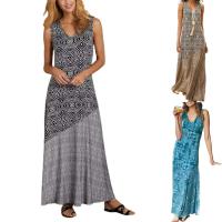 Vestido femenino informal de playa holgado con dobladillo ancho y cuello en V sin mangas estilo bohemio Vintage con estampado geométrico para mujer - details 15