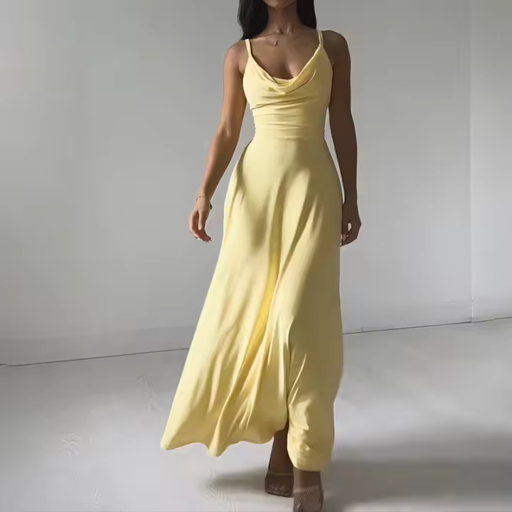 Elegante Vestido Largo de Verano Ajuste Delgado, Cuello con Bolsillo, Cinturón de Cintura, Correa Colgante para Mujeres - 1