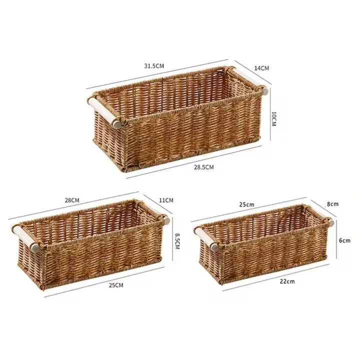 Una cesta tejida rectangular, larga y estrecha, utilizada para organizar bares, baños, dormitorios y mesas de centro. - 1