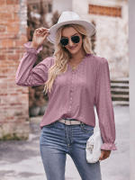 Blusa de gasa de retazos de encaje para mujer, camisa elegante informal de manga larga con cuello en V, trabajo de oficina, moda - details 8