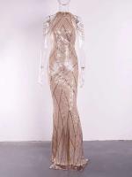 Vestido de noche de fiesta con lentejuelas elásticas y cuello redondo, sin tirantes, dorado - details 12