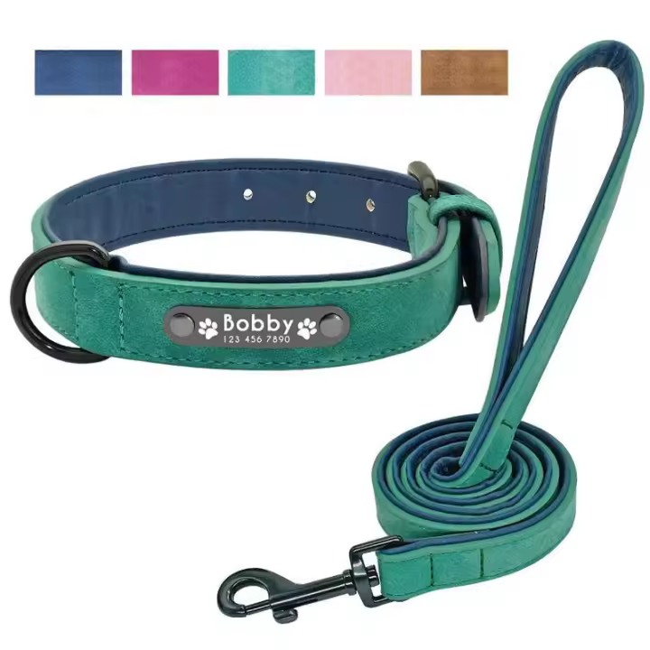 Collar y correa perro personalizados, collares para perros grabados personalizados acolchados cuero, juego cuerdas de plomo, - 1