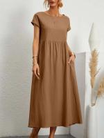 Vestido retro liso elegante de lino y algodón de manga corta con cuello redondo para mujer, vestido suelto informal de verano 2023 - details 1