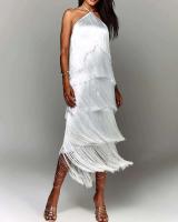 Vestido con abertura y espalda descubierta con flecos y cuello a la moda para mujer - details 5