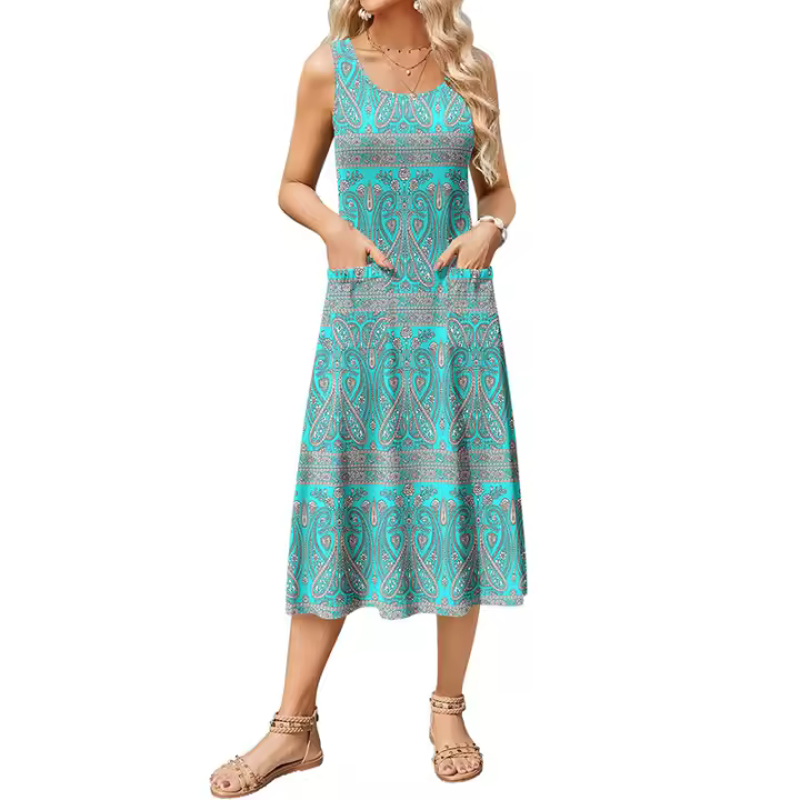 Vestido midi largo de mujer con cintura alta, liguero, chaleco, falda estampada, bolsillo, ideal para uso diario. - 1