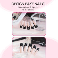 Uñas largas bordes franceses uñas hechas a mano mano hacer negro strobe bowknot uñas de alta calidad - details 2